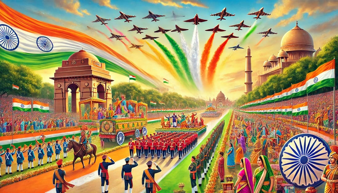 DALL·E 2025-01-26 09.19.49 - A vibrant illustration of India's 76th Republic Day celebration on January 26, 2025, featuring the iconic Kartavya Path in New Delhi. The scene includ