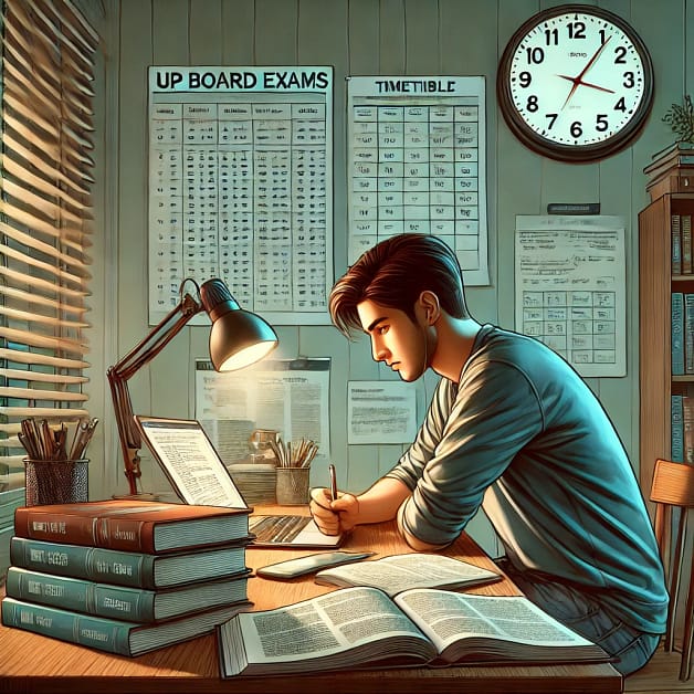 DALL·E 2025-02-16 17.33.25 - A realistic and detailed illustration of a student preparing for the UP Board exams in a well-lit study room. The student is sitting at a desk, surrou