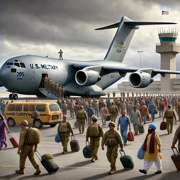 DALL·E 2025-02-04 12.43.21 - A U.S. military C-17 aircraft on a runway with 205 Indian passengers disembarking. The scene captures a mix of emotions—relief, disappointment, and un