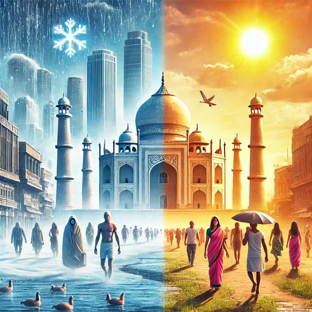 DALL·E 2025-02-17 09.31.00 - A realistic weather-themed image depicting Uttar Pradesh's changing climate_ a contrast of a cold, foggy morning in Ayodhya with a bright, sunny and h