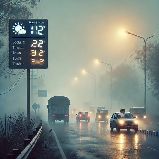 DALL·E 2025-01-31 09.21.12 - A realistic weather scene depicting a foggy morning in Uttar Pradesh, India. The image shows a road covered in dense fog with vehicles moving cautious